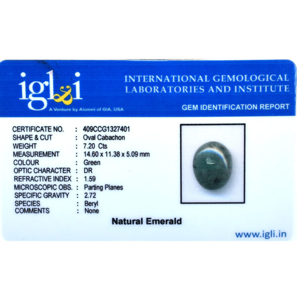 Certified Natural Emerald Gemstone – 7.20 Carats, Oval Cabachon, Boost Intellect & Prosperity ! - Image 5
