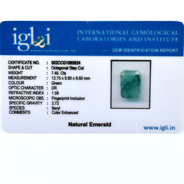 Certified Natural Emerald Gemstone – 7.45 Carats, Octagonal Step Cut, Boost Intellect & Prosperity ! - Image 5