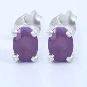 Ruby Gemstone Studs, Sterling Silver Push Back, White  Finish,