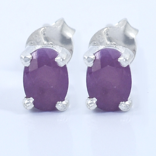 Ruby Gemstone Studs, Sterling Silver Push Back, White Finish,