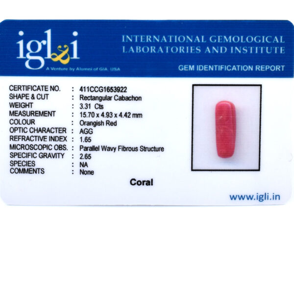 Natural Coral Gemstone – 3.31 Cts Rectangular Cabochon (15.70 x 4.93 x 4.42 mm) | Healing & Astrological Benefits - Image 5