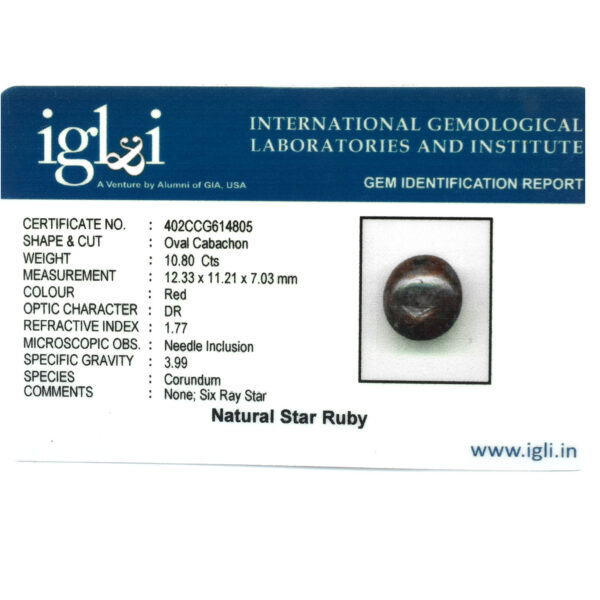 RARE Certified 10.80 Cts, Natural Star Ruby Gemstone – Oval Cabachon| Astrological & Healing Benefits ! - Image 4