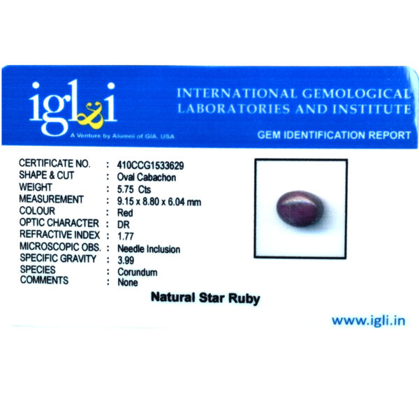 Certified Natural Star Ruby Gemstone – 5.75 Cts, Oval Cabachon| Astrological & Healing Benefits ! - Image 4
