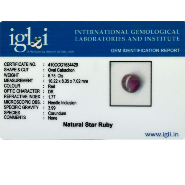 6.75 Cts, Certified Natural Star Ruby Gemstone – Oval Cabachon| Astrological & Healing Benefits ! - Image 5