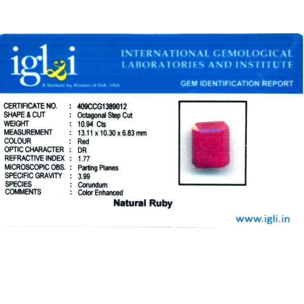 Certified Ruby Stone – 10.94 Cts, Octangonal Step Cut | Astrological & Healing Benefits - Image 5