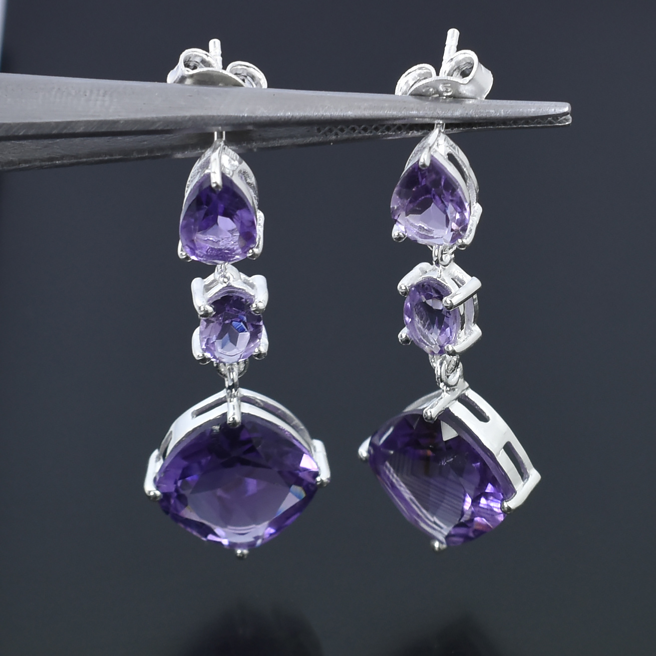 Amethyst Dangle Earrings in 925 Sterling Silver | Oval, Cushion & Pear Cut Purple Gemstones | 7g Drop Earrings | February Birthstone Jewelry - Image 3