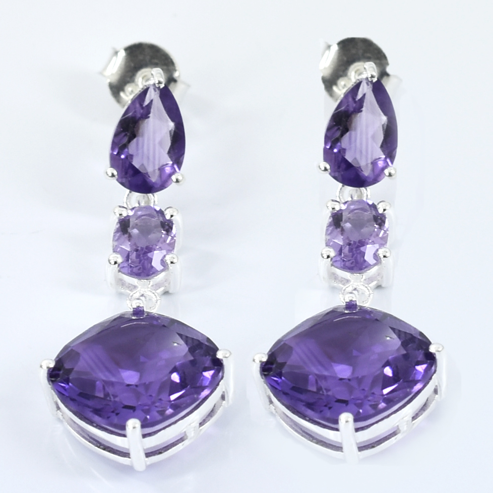 Amethyst Dangle Earrings in 925 Sterling Silver | Oval, Cushion & Pear Cut Purple Gemstones | 7g Drop Earrings | February Birthstone Jewelry - Image 2