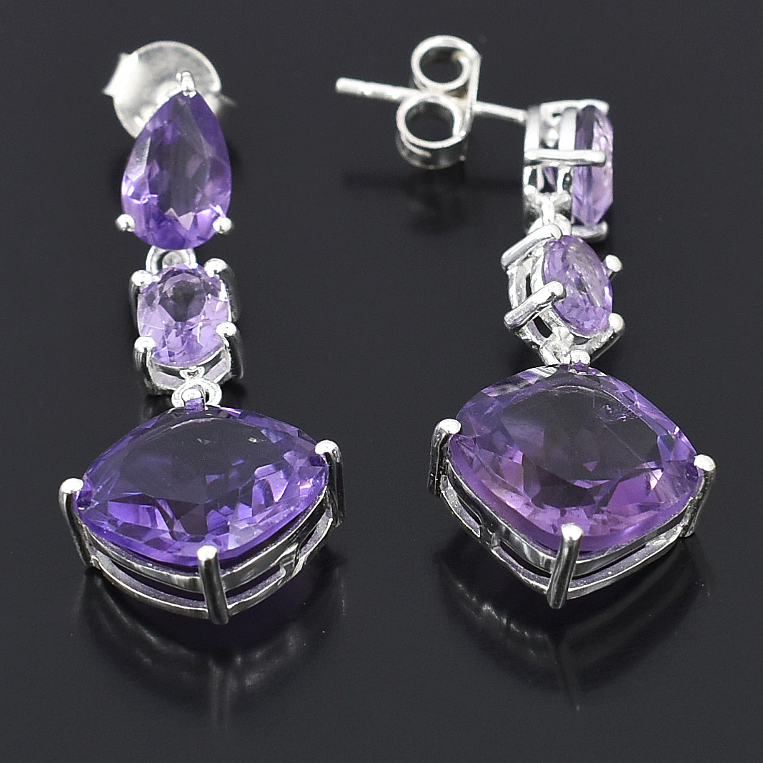 Amethyst Dangle Earrings in 925 Sterling Silver | Oval, Cushion & Pear Cut Purple Gemstones | 7g Drop Earrings | February Birthstone Jewelry - Image 6