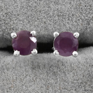 Ruby Gemstone Studs, Sterling Silver Push Back, White Finish, Round Cut , 925 Silver