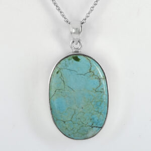 Natural Turquoise Pendant – Oval Cut – 925 Sterling Silver – Ice Blue – 34 x 23 mm – 13.5g