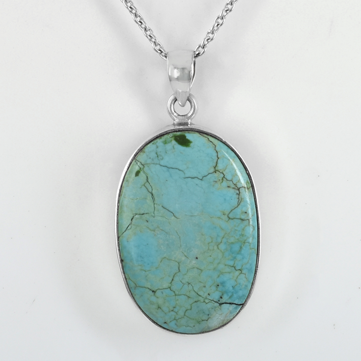 Natural Turquoise Pendant – Oval Cut – 925 Sterling Silver – Ice Blue – 34 x 23 mm – 13.5g