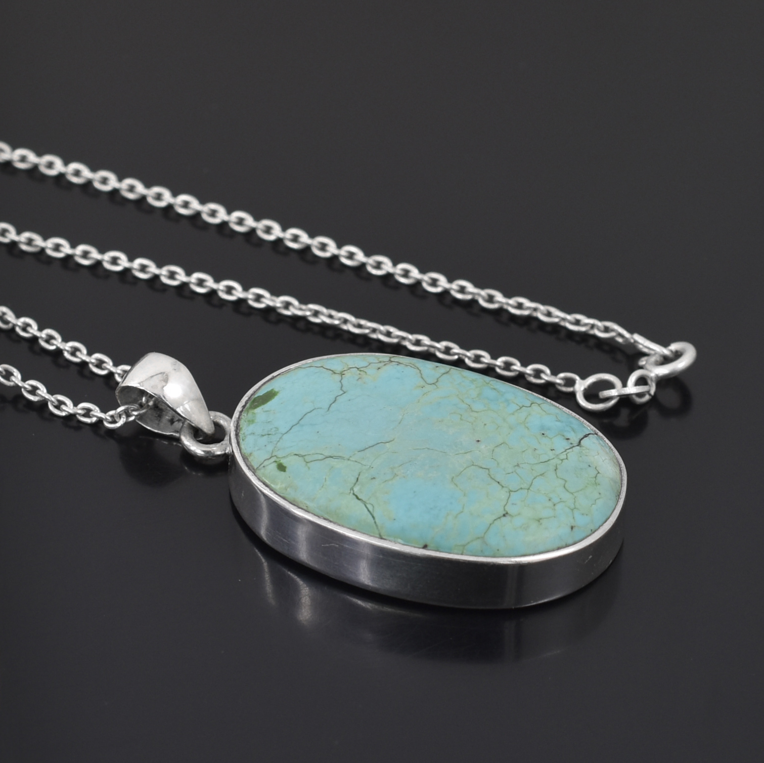 Natural Turquoise Pendant – Oval Cut – 925 Sterling Silver – Ice Blue – 34 x 23 mm – 13.5g - Image 6