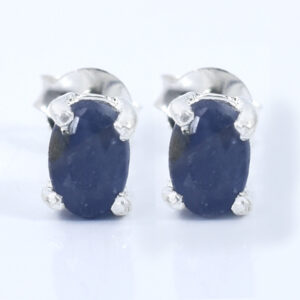 Blue Sapphire Gemstone Studs, Sterling Silver Push Back, White  Finish, Oval Cut