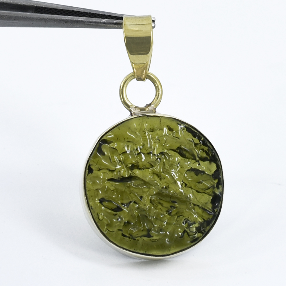 Natural Moldavite Pendant | Round Cut Green Gemstone | Yellow Gold Plated Healing Crystal Jewelry - Image 3