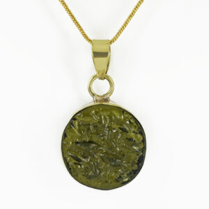 Natural Moldavite Pendant | Round Cut Green Gemstone | Yellow Gold Plated Healing Crystal Jewelry