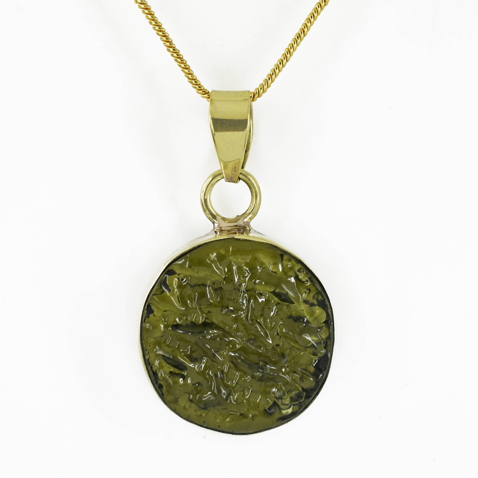Natural Moldavite Pendant | Round Cut Green Gemstone | Yellow Gold Plated Healing Crystal Jewelry