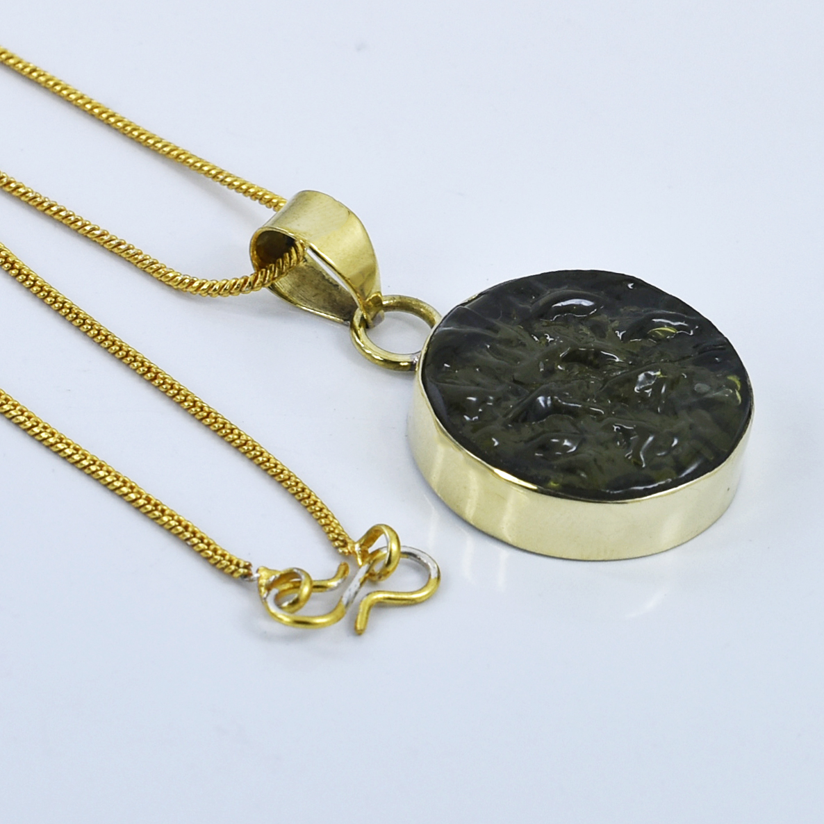Natural Moldavite Pendant | Round Cut Green Gemstone | Yellow Gold Plated Healing Crystal Jewelry - Image 5