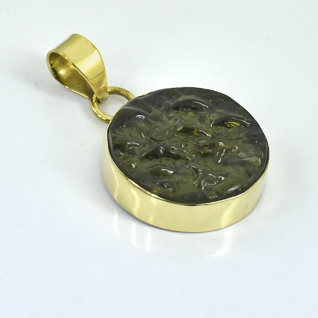 Natural Moldavite Pendant | Round Cut Green Gemstone | Yellow Gold Plated Healing Crystal Jewelry - Image 2