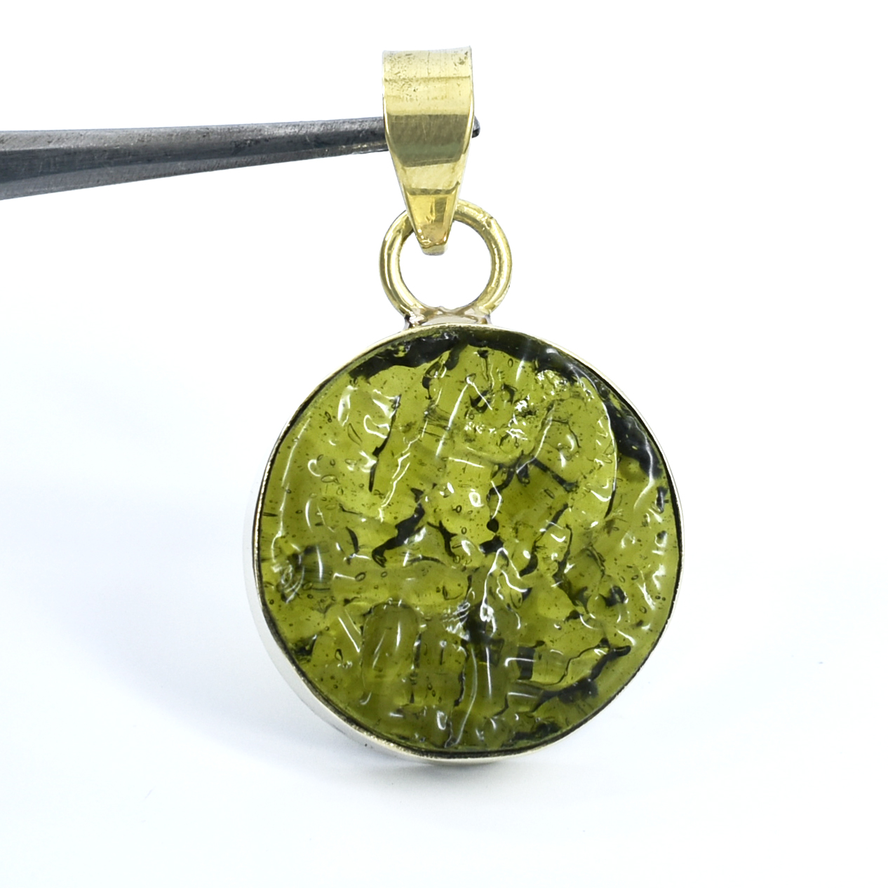 Natural Moldavite Pendant | Round Cut Green Gemstone | Yellow Gold Plated Healing Crystal Jewelry - Image 3
