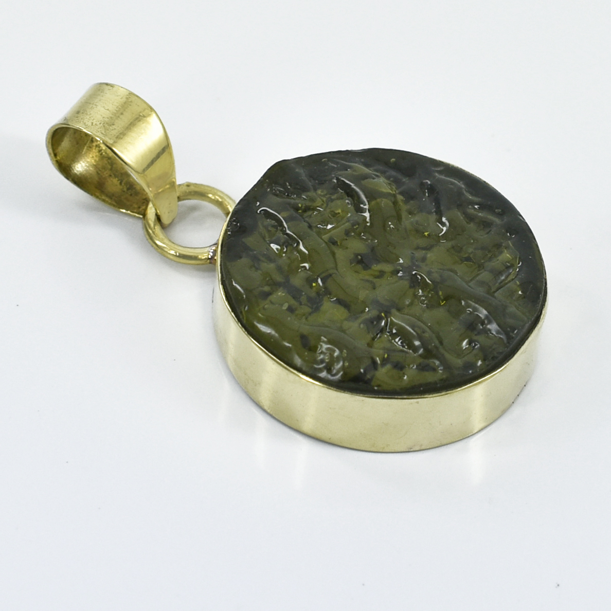 Natural Moldavite Pendant | Round Cut Green Gemstone | Yellow Gold Plated Healing Crystal Jewelry - Image 4