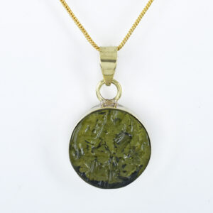 Natural Moldavite Pendant | Round Cut Green Gemstone | Yellow Gold Plated Healing Crystal Jewelry