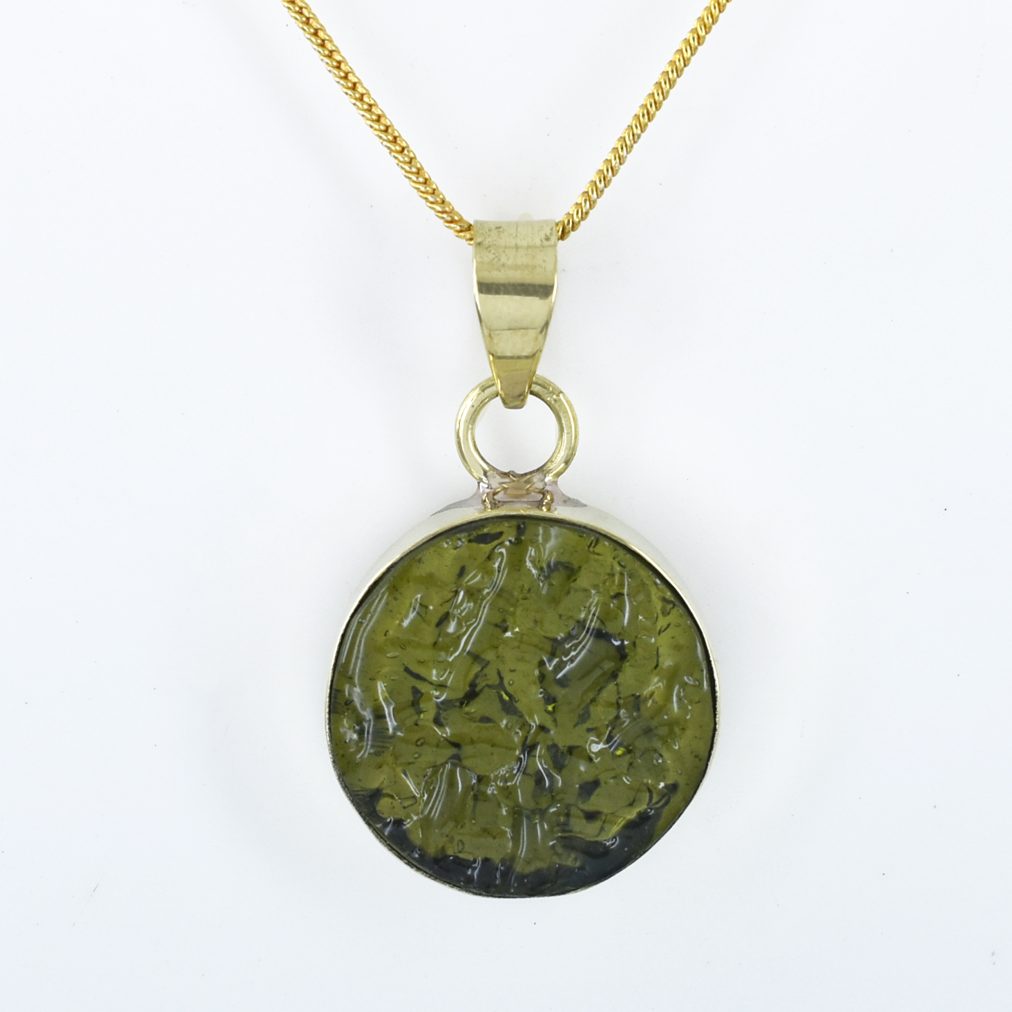 Natural Moldavite Pendant | Round Cut Green Gemstone | Yellow Gold Plated Healing Crystal Jewelry