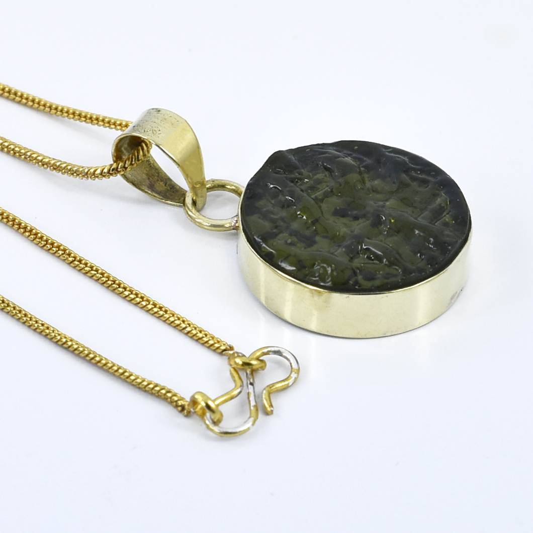 Natural Moldavite Pendant | Round Cut Green Gemstone | Yellow Gold Plated Healing Crystal Jewelry - Image 2