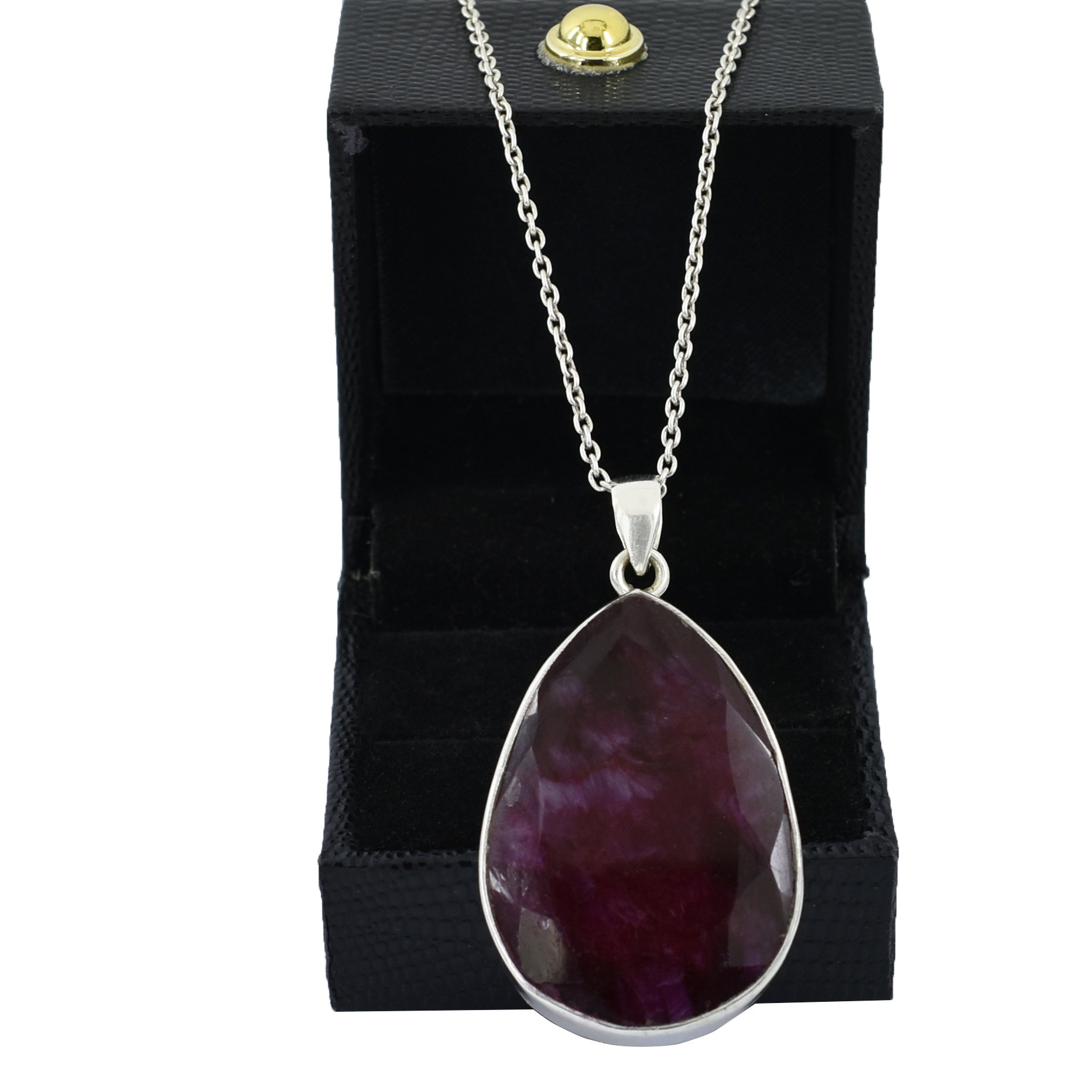 Ruby & Emerald Pendants – 925 Sterling Silver & Gold Plated – Pear Cut Ruby 38x26mm, 25g – Pendant 14.5x12.5mm - Image 4