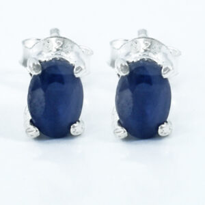 Blue Sapphire Gemstone Studs, Sterling Silver Push Back, White Finish, Oval Cut