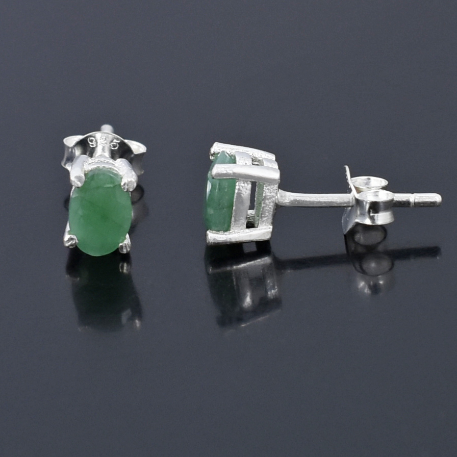 Emerald Gemstone Studs, Sterling Silver Push Back, White Finish, Oval Cut - Image 5