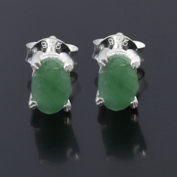 Emerald Gemstone Studs, Sterling Silver Push Back, White Finish, Oval Cut - Image 4