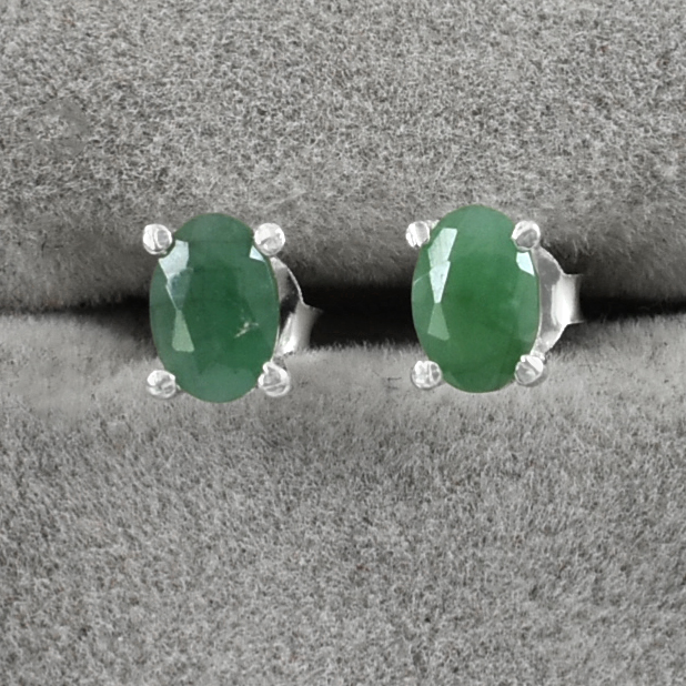 Emerald Gemstone Studs, Sterling Silver Push Back, White Finish, Oval Cut