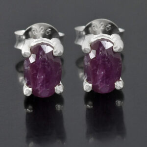 Ruby Gemstone Studs, Sterling Silver Push Back, White Finish, Oval Cut