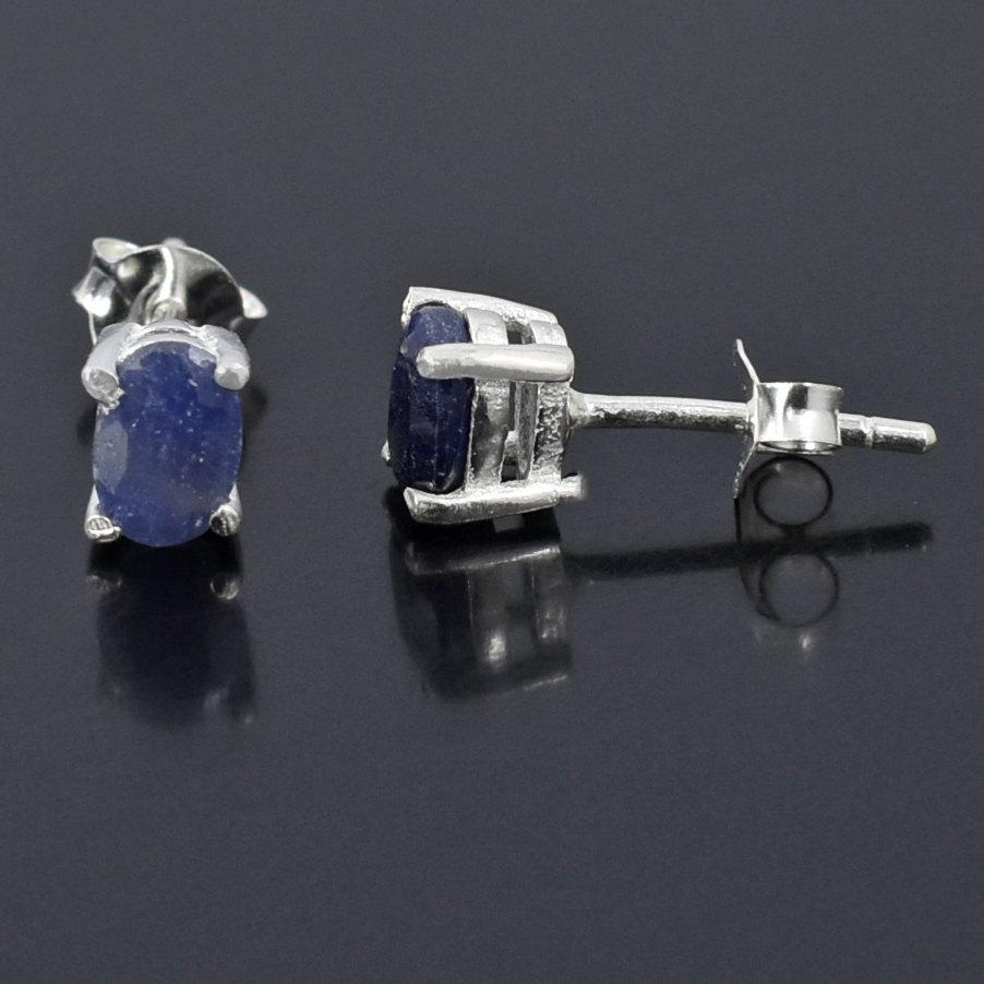 Stunning Blue Sapphire Gemstone Studs, Sterling Silver Push Back, White Finish, Oval Cut - Image 6
