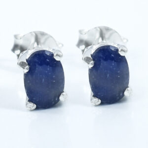 Stunning Blue Sapphire Gemstone Studs, Sterling Silver Push Back, White Finish, Oval Cut