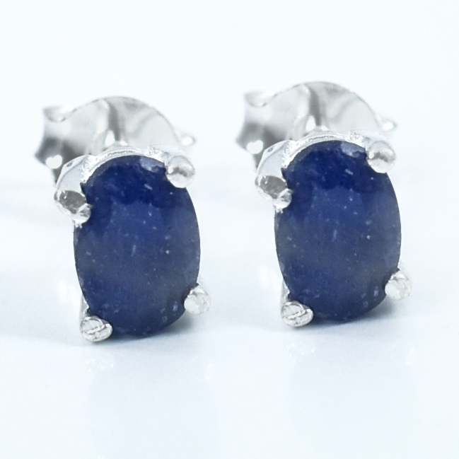 Stunning Blue Sapphire Gemstone Studs, Sterling Silver Push Back, White Finish, Oval Cut