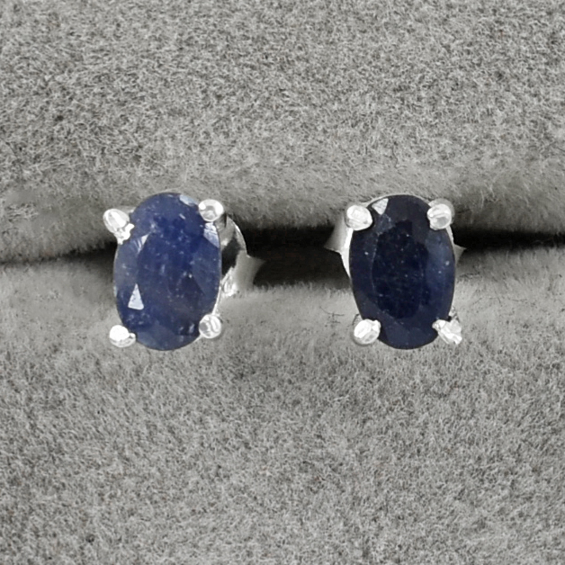 Stunning Blue Sapphire Gemstone Studs, Sterling Silver Push Back, White Finish, Oval Cut - Image 3