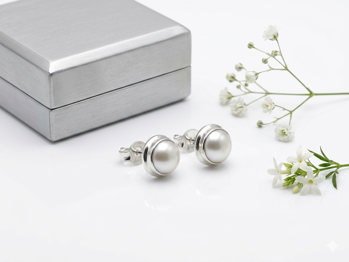 Natural Pearl Stud Earrings in 925 Sterling Silver | Round Cut White Pearl Minimalist Jewelry | Gift for Love, Wife & Mom - Image 5