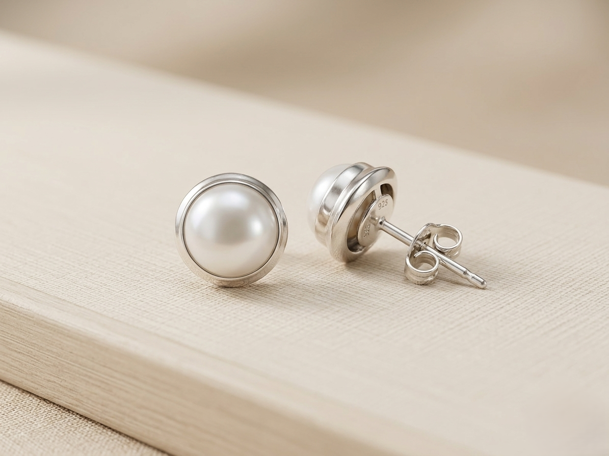 Natural Pearl Stud Earrings in 925 Sterling Silver | Round Cut White Pearl Minimalist Jewelry | Gift for Love, Wife & Mom - Image 3