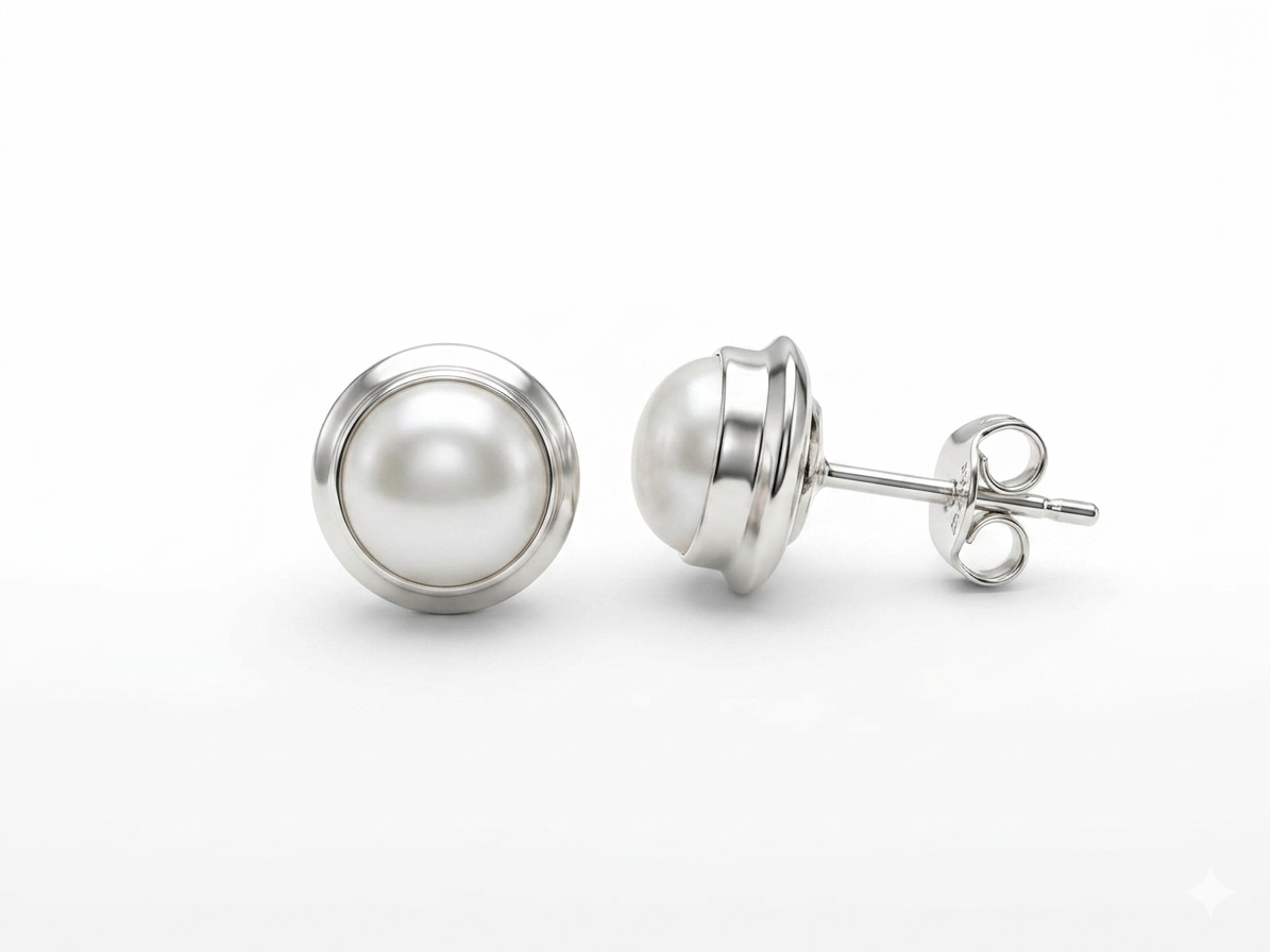 Natural Pearl Stud Earrings in 925 Sterling Silver | Round Cut White Pearl Minimalist Jewelry | Gift for Love, Wife & Mom