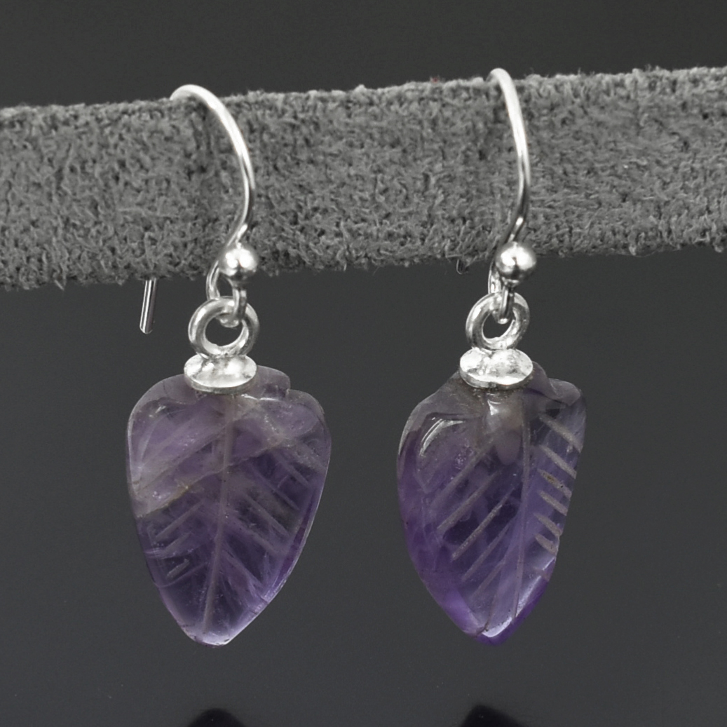 Natural Amethyst (Jamunia) Leaf Design Earrings - Image 4