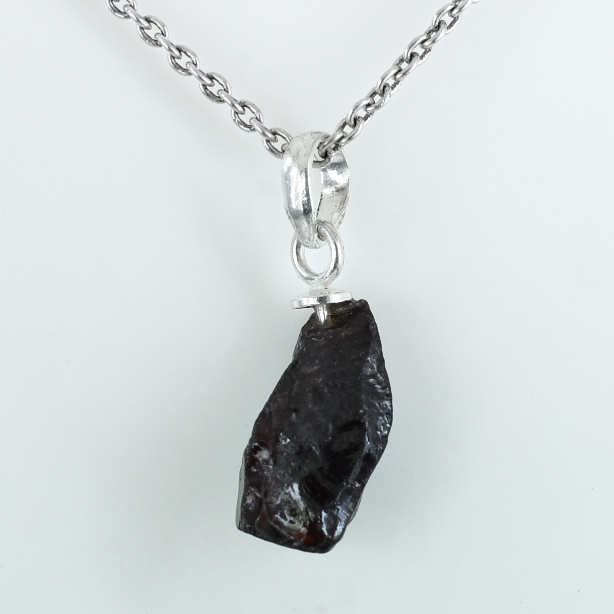 Natural Black Tourmaline Raw Stone Pendant with Silver-Plated Chain