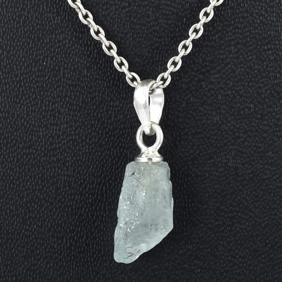 Natural Aquamarine Raw Crystal Pendant with Silver-Plated Chain