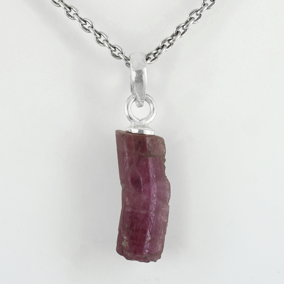 Natural Pink Tourmaline Raw Crystal Pendant with Silver-Plated Chain
