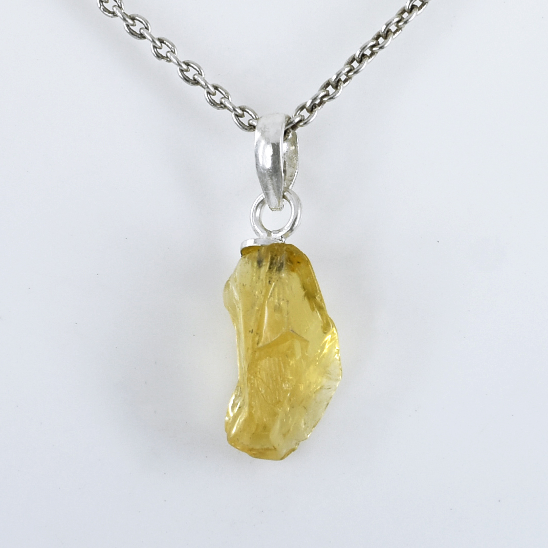 Natural Citrine Raw Crystal Pendant with Silver-Plated Chain