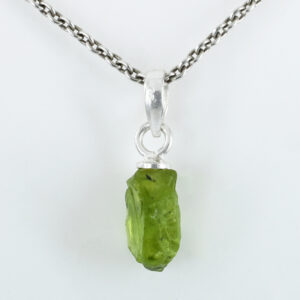 Natural Peridot Raw Crystal Pendant with Silver-Plated Chain