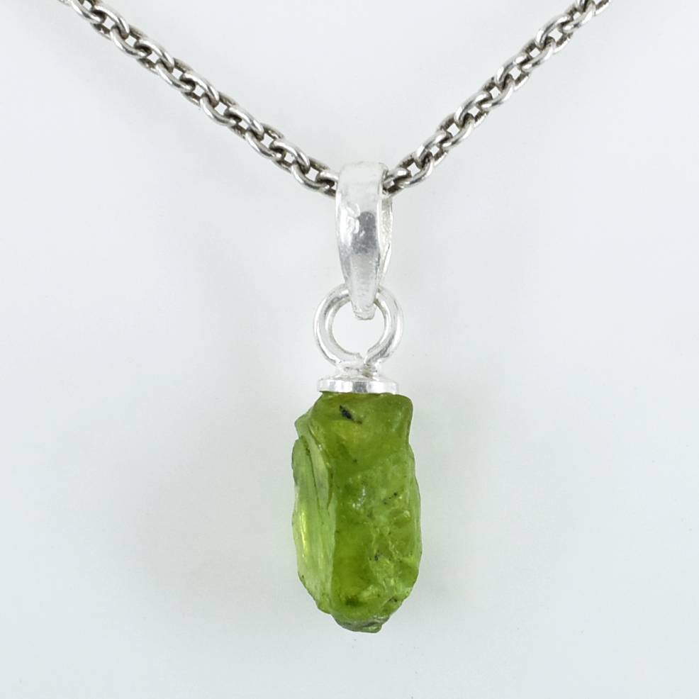 Natural Peridot Raw Crystal Pendant with Silver-Plated Chain