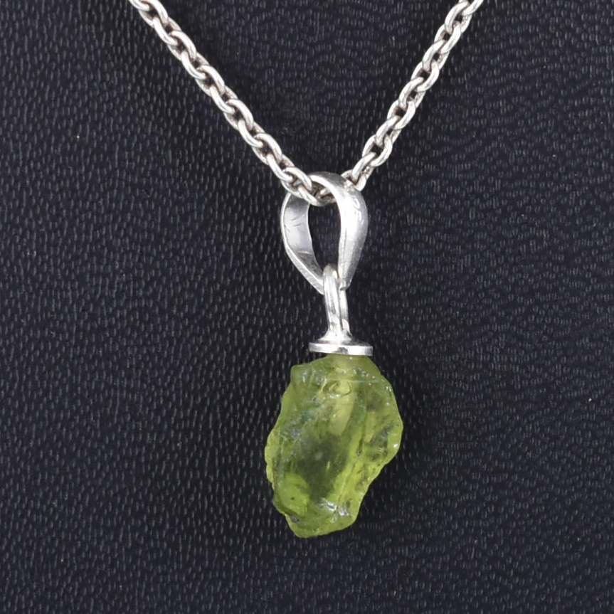 Natural Peridot Raw Crystal Pendant with Silver-Plated Chain - Image 3