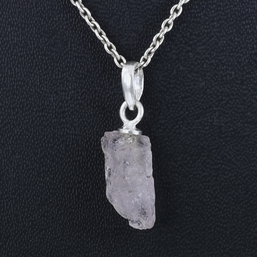Natural Rose Quartz Raw Crystal Pendant with Silver-Plated Chain