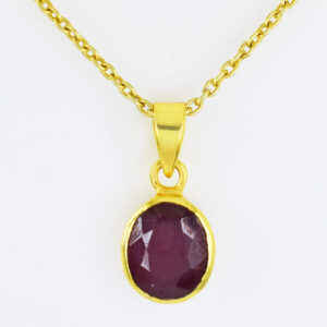 Natural Ruby (Manik) Faceted Oval Pendant with Gold-Plated Chain